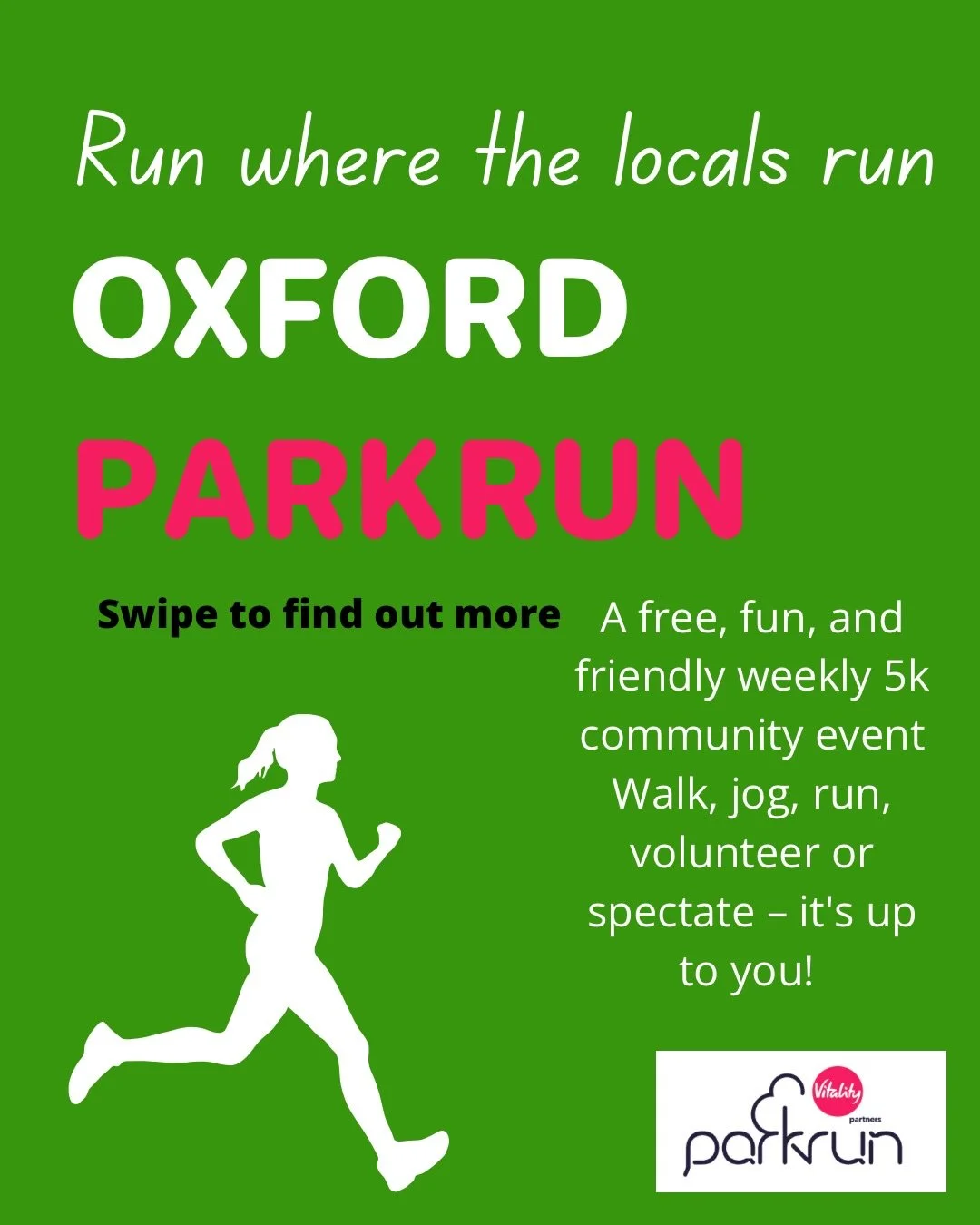 Run where the locals run🏃&zwj;♀️🏃&zwj;♂️ it&rsquo;s always a fun time to join Oxford&rsquo;s Parkrun! Doesn&rsquo;t matter if you run, walk, or crawl - everyone&rsquo;s welcome 🤗 
It&rsquo;s free to join, you just need to register beforehand. Goog