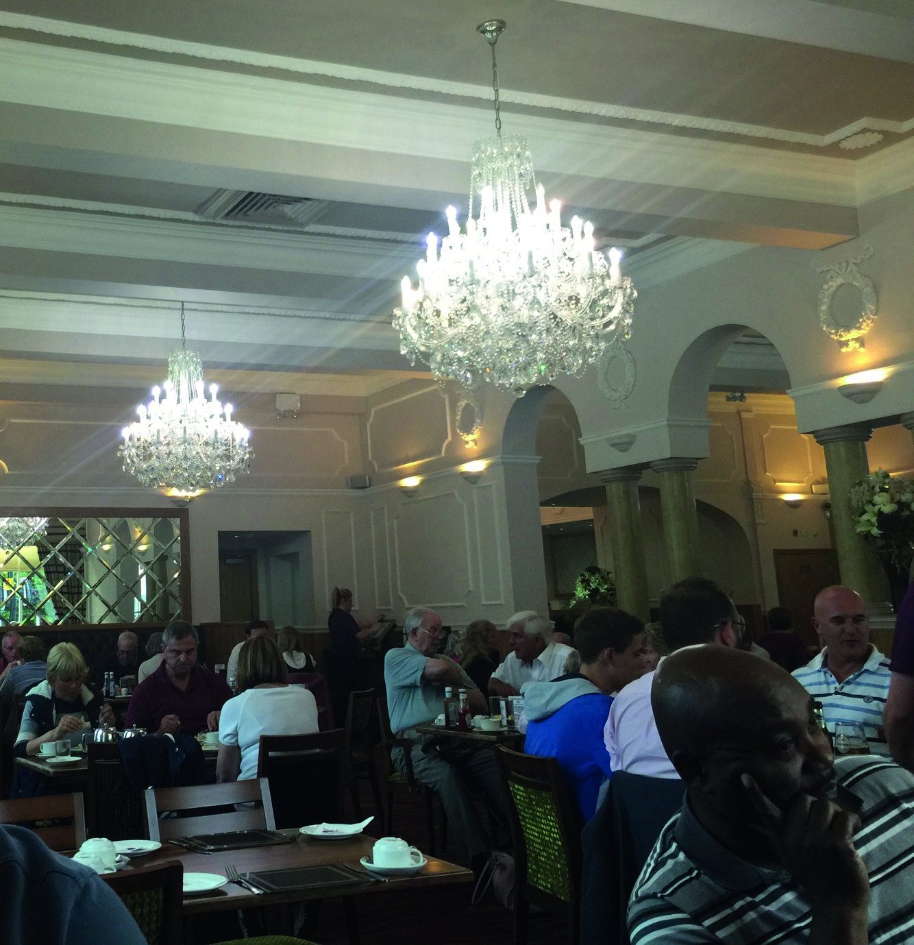 The dinning room at the Whetherby Whaler in Guiseley – once the home of Harry Ramsdens – has chandeliers in the dinning room!