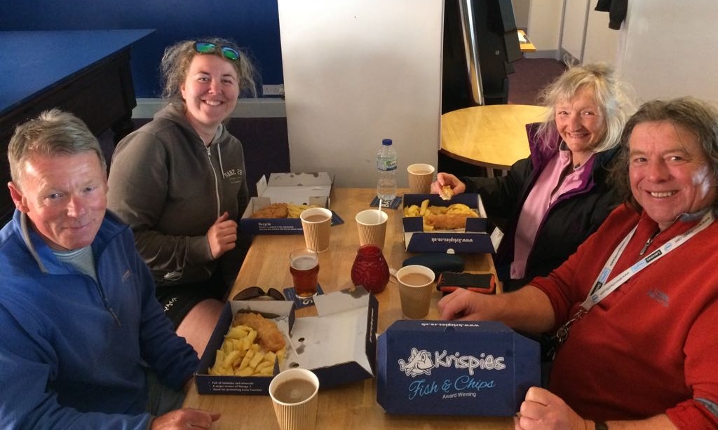 Volunteers enjoying their well deserved Fish & Chips supper.