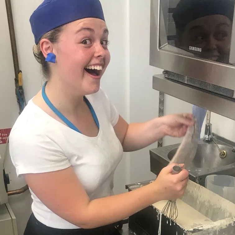 Megan whips up some of Krispies Bespoke Batter ready for a busy day of frying.