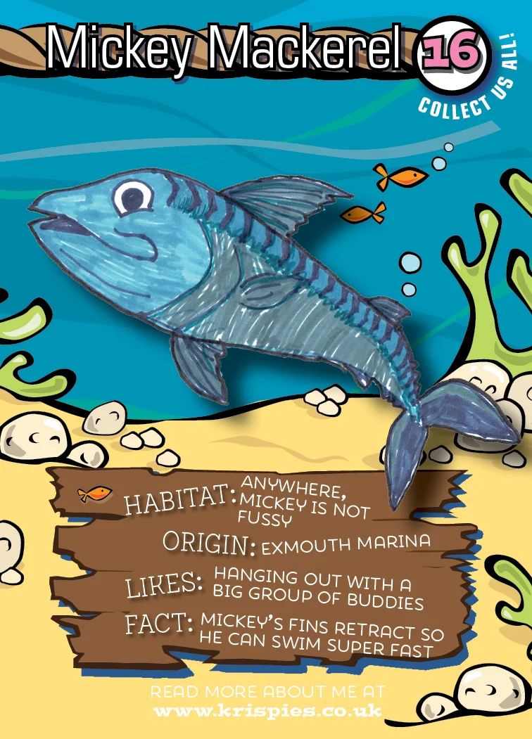 Mickey Mackerel, drawn by Dillon Price, was our first winner in 2017. Mickey has since appeared on our menu (below) as well as having a Krispies Collectors Card all of his own (above).