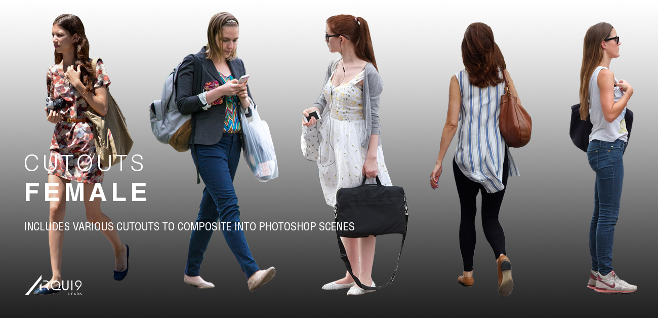 A selection of Female cutouts. Walking, standing and sitting, all perfect for your own Architectural Visualisation images. These cutouts are all high resolution and are downloadable by using the 'download' button below.