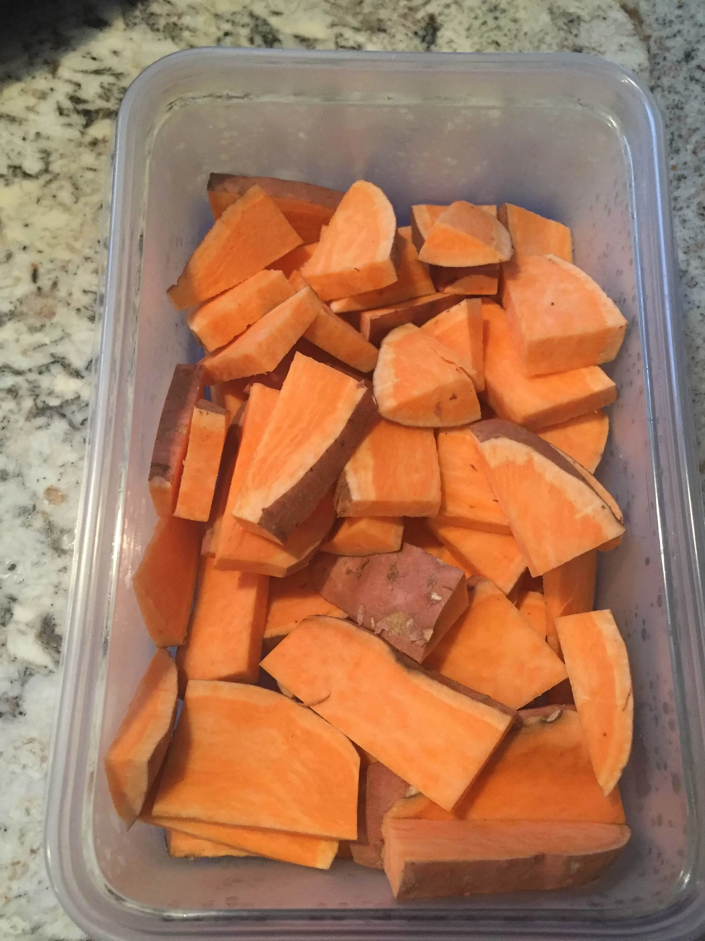3 good-sized sweet potatoes cut into different shapes but all roughly the same thickness.