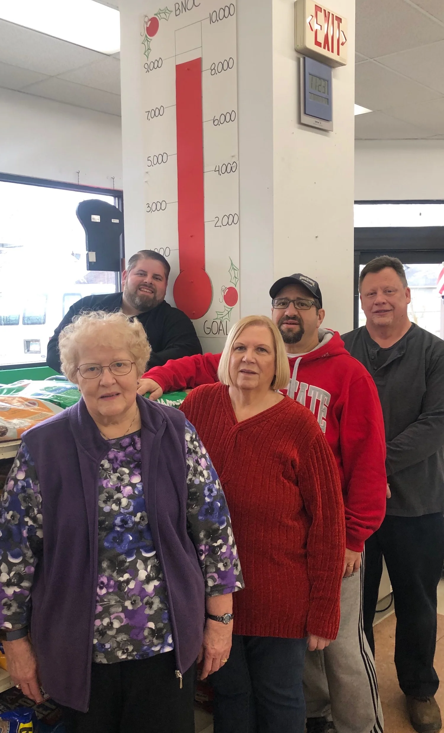 Pictured: back left - Jason Potes (owner of Stoodt’s Market); front row, left to right - Carol Hoeflich (BNOC Food Pantry Manager), Charil Fuhrer (BNOC Clothesline Manager), Matt Merendino (BNOC President), and Dan Gradijan (a Stoodt’s employee)