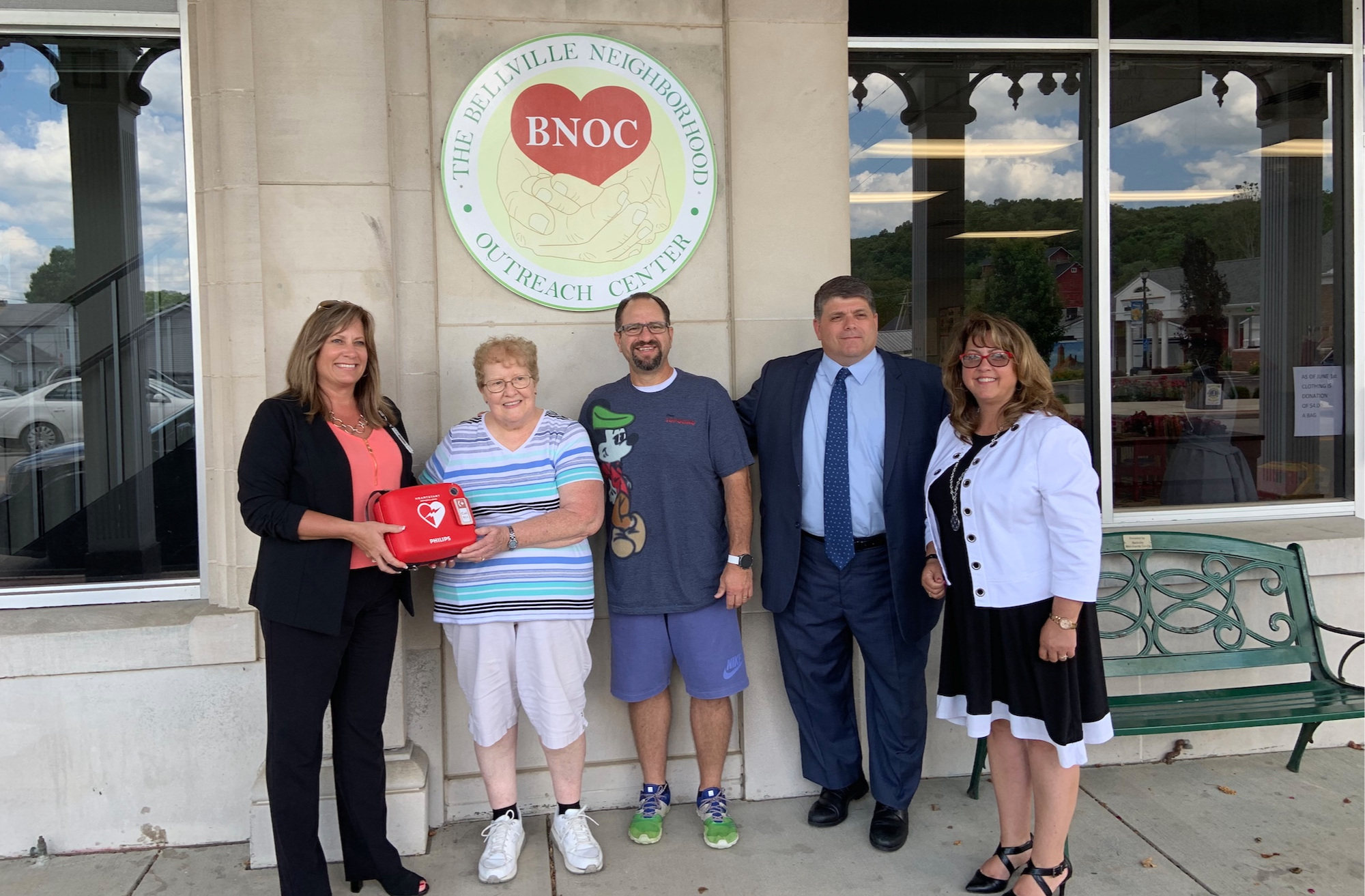 Pictured (left to right): Kim Winkle (Avita Hospital), Carol Hoeflich (BNOC Food Pantry Manager), Matt Merendino (BNOC President), Chuck Cangelosi (Avita Foundation Director), and Teri Brenkus (Bellville Mayor)