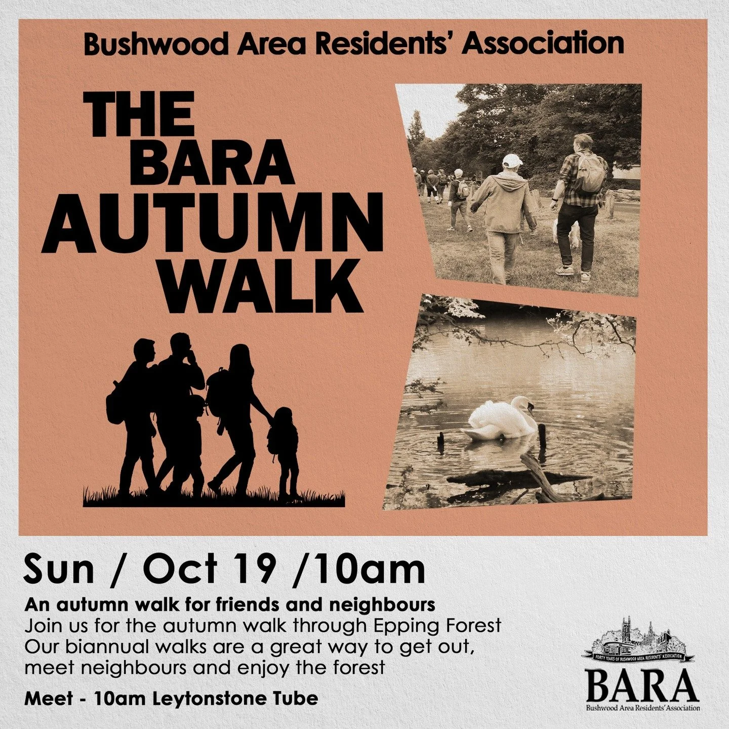 The BARA Autumn Walk is tomorrow. 

We're back doing our classic 4 miler through Epping Forest starting at Theydon Bois. It's always a lovely sociable day and a great way to hang out with new friends and old.

**The Plan**

Meet at 10am outside Leyto