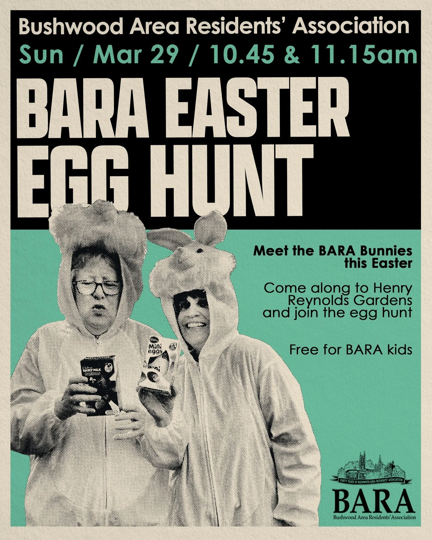 The Easter Bunnies are back!

Bring your BARA little ones along to our annual Easter egg hunt at Henry Reynolds Park. This is a free event for BARA member children but requires you to book a free ticket.

Egg disclaimer: unfortunately we are unable t