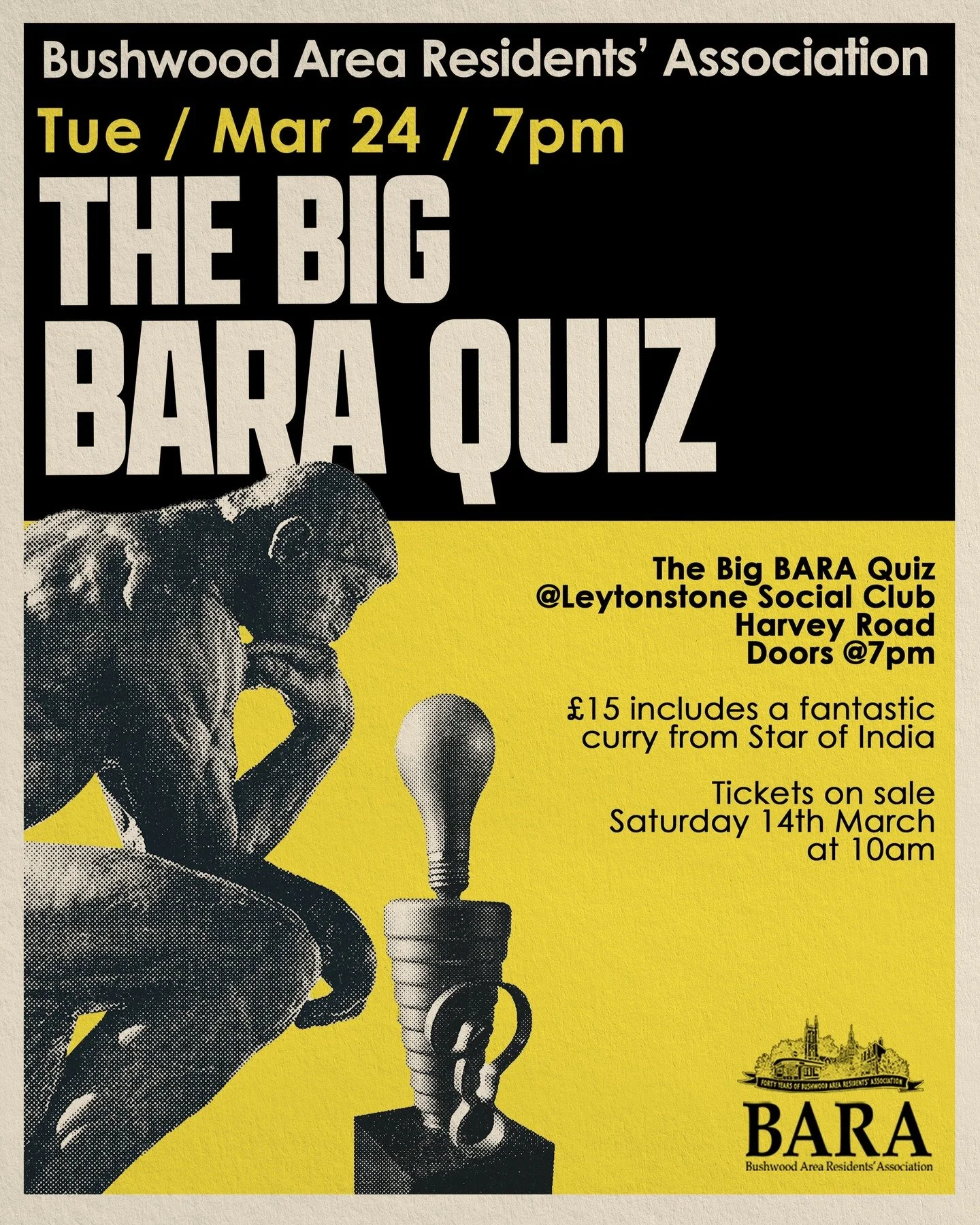 The BIG BARA Quiz is on this March!
Battle for the BARA Trophy and try to unseat the three time winners 🎉

📅 Date: Tuesday 24th March
💷 Tickets: &pound;15 
🍛 Includes: An Indian meal courtesy of our friends at Star of India

👉 Tickets go on sale