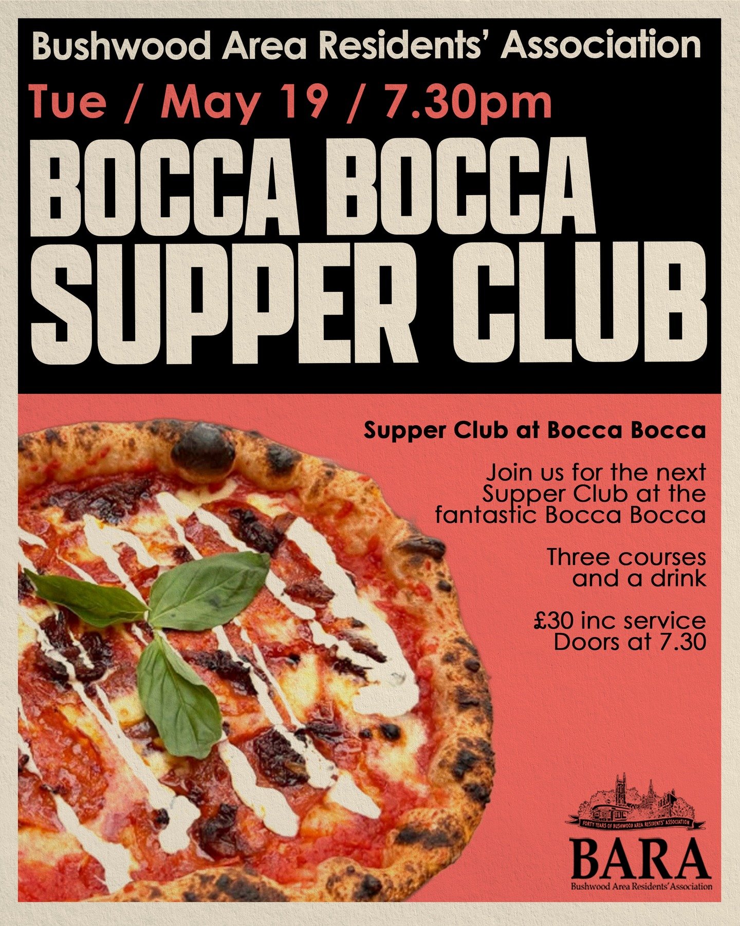 Join us for our next supper club at the fantastic @boccaboccalondon 🍕

Enjoy a mouthwatering three-course meal at one of E11&rsquo;s favourite pizza spots, while meeting and chatting with neighbours and friends, all at a great value price.

Non-BARA