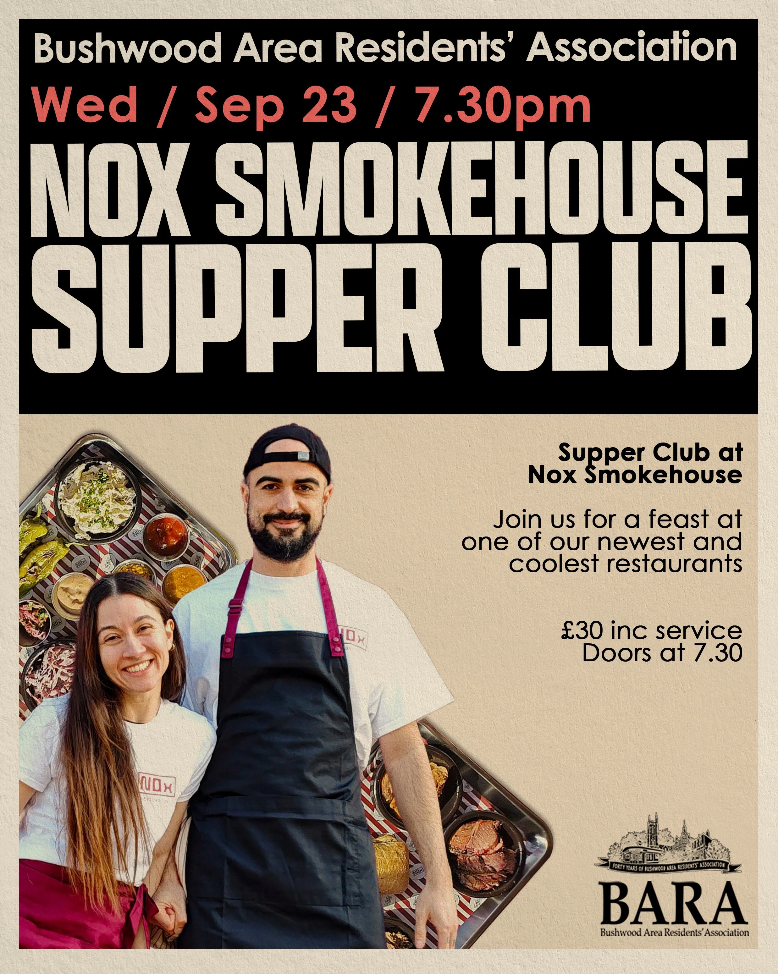Join us for our latest supper club at Leytonstone&rsquo;s newest and coolest restaurant @noxsmokehouse

Can and Jenna are ready to meet their BARA neighbours and if you&rsquo;ve not been before now is the perfect time to try them out as our ticket in