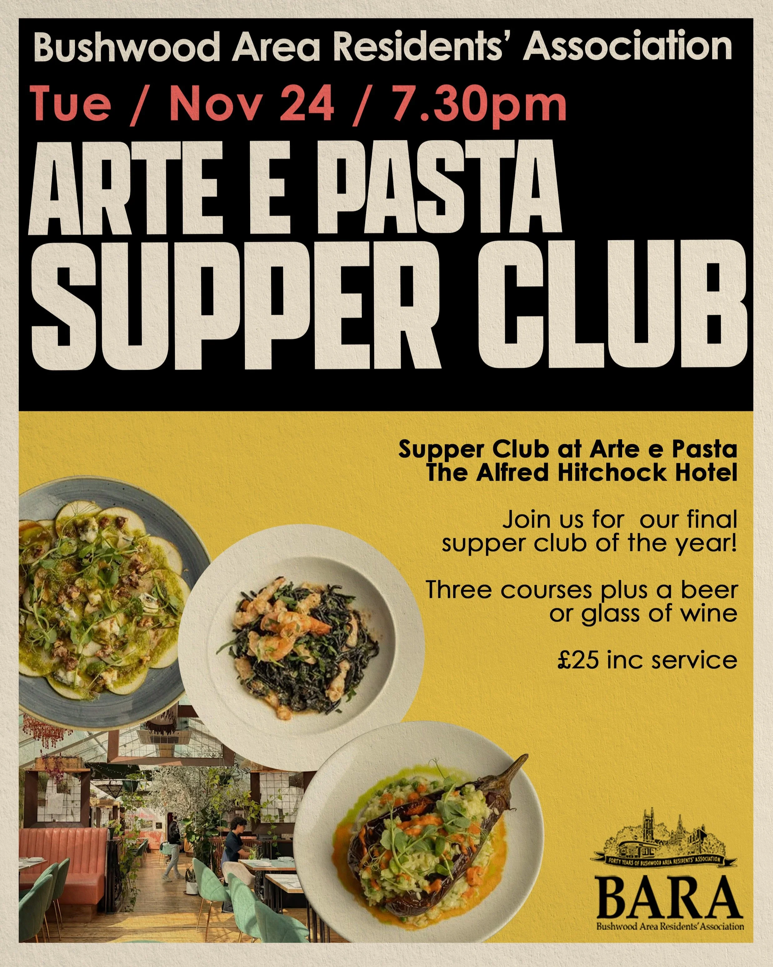 Join us for our last supper club of the year at the fantastic Arte e Pasta at the Alfred Hitchcock Hotel

We have a fantastic offer with three courses and a glass of wine or beer for &pound;25 including service.

@ARTE.E.PASTA is a culinary gem, blen