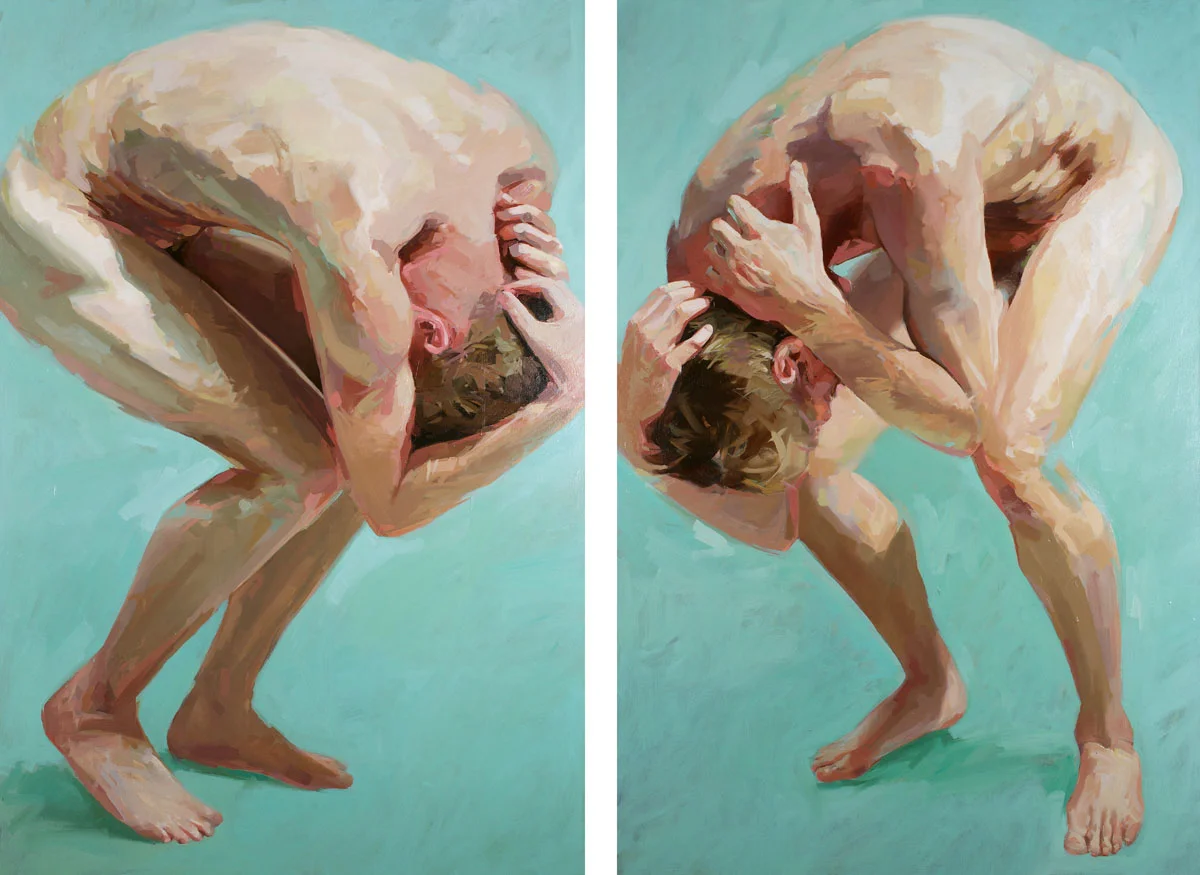 Two Men Meet (after Klee) diptych, 72 x 100 inches oil on canvas