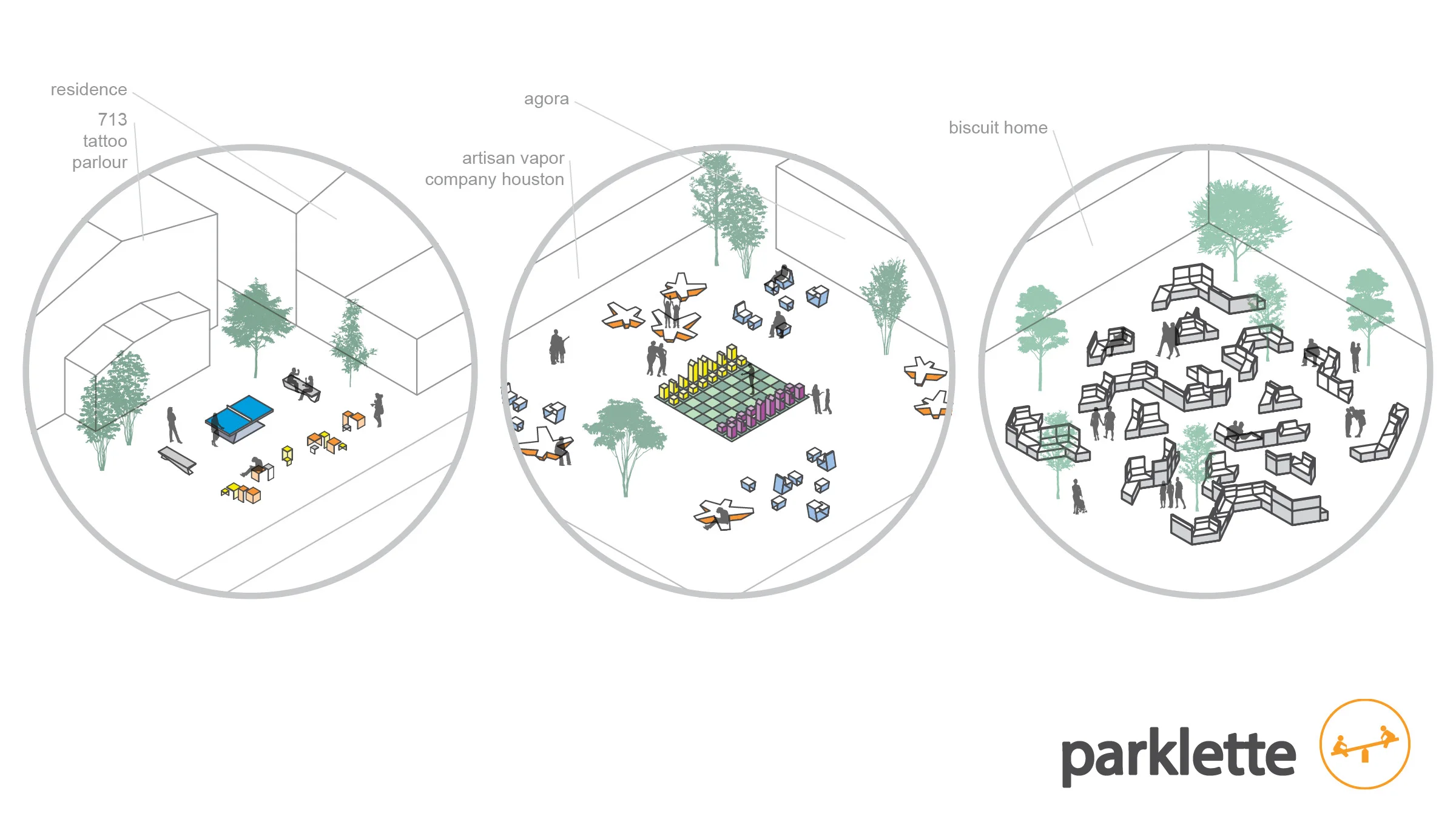 pockets of spaces behind buildings create common areas shared by multiple businesses, creating a community-like sanctuary 