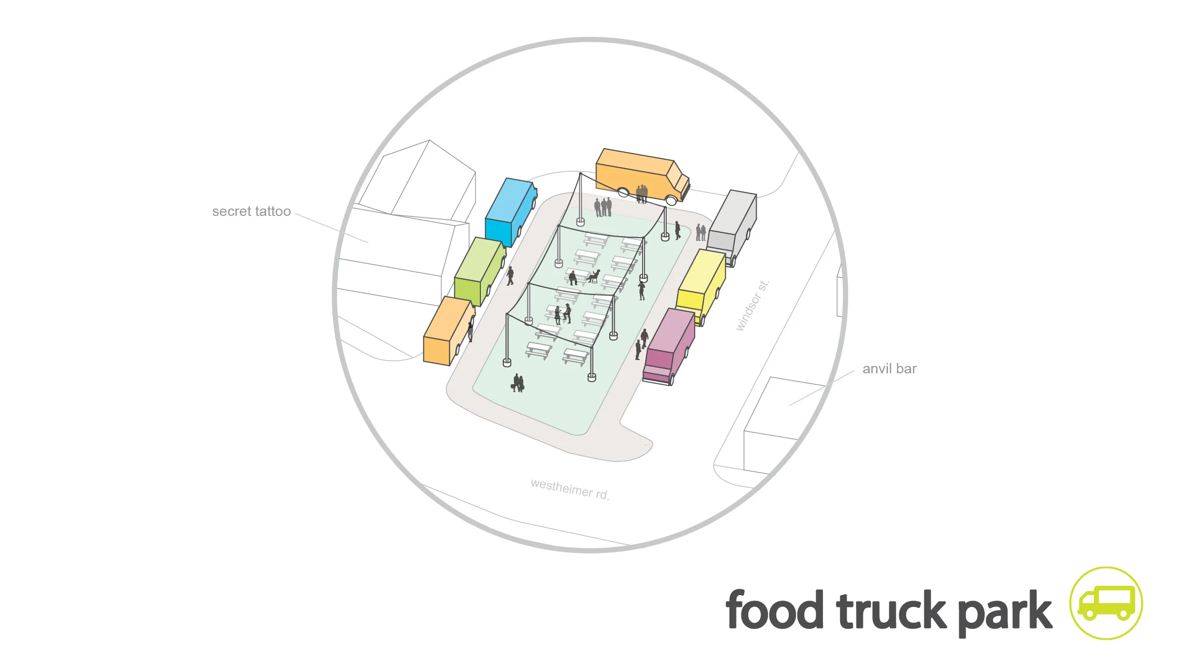 a temporary food tuck park with temporary shading elements and seating