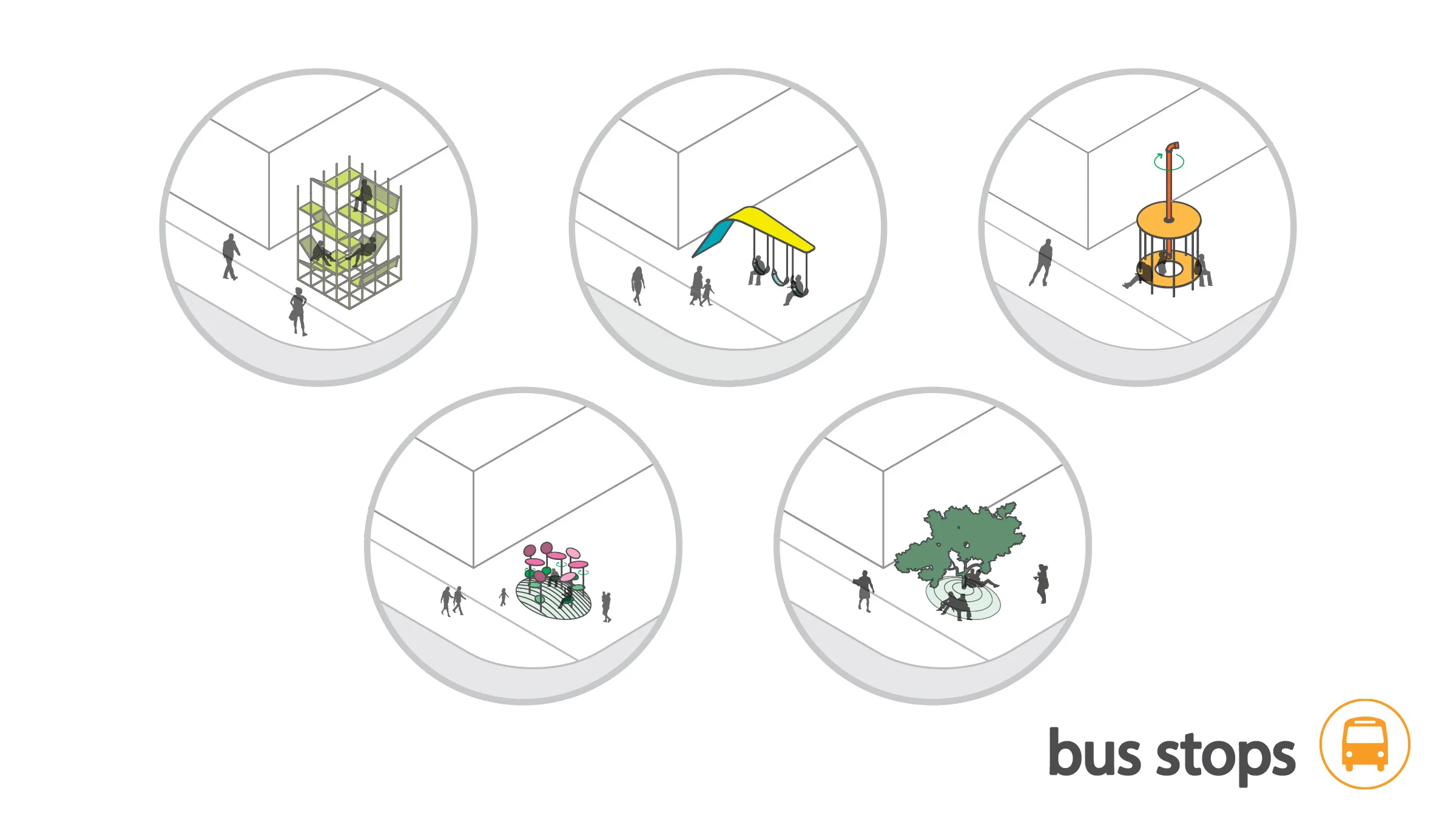 various bus stop designs to encourage the use of public transit & to reinforce the eclectic culture of lower westheimer 