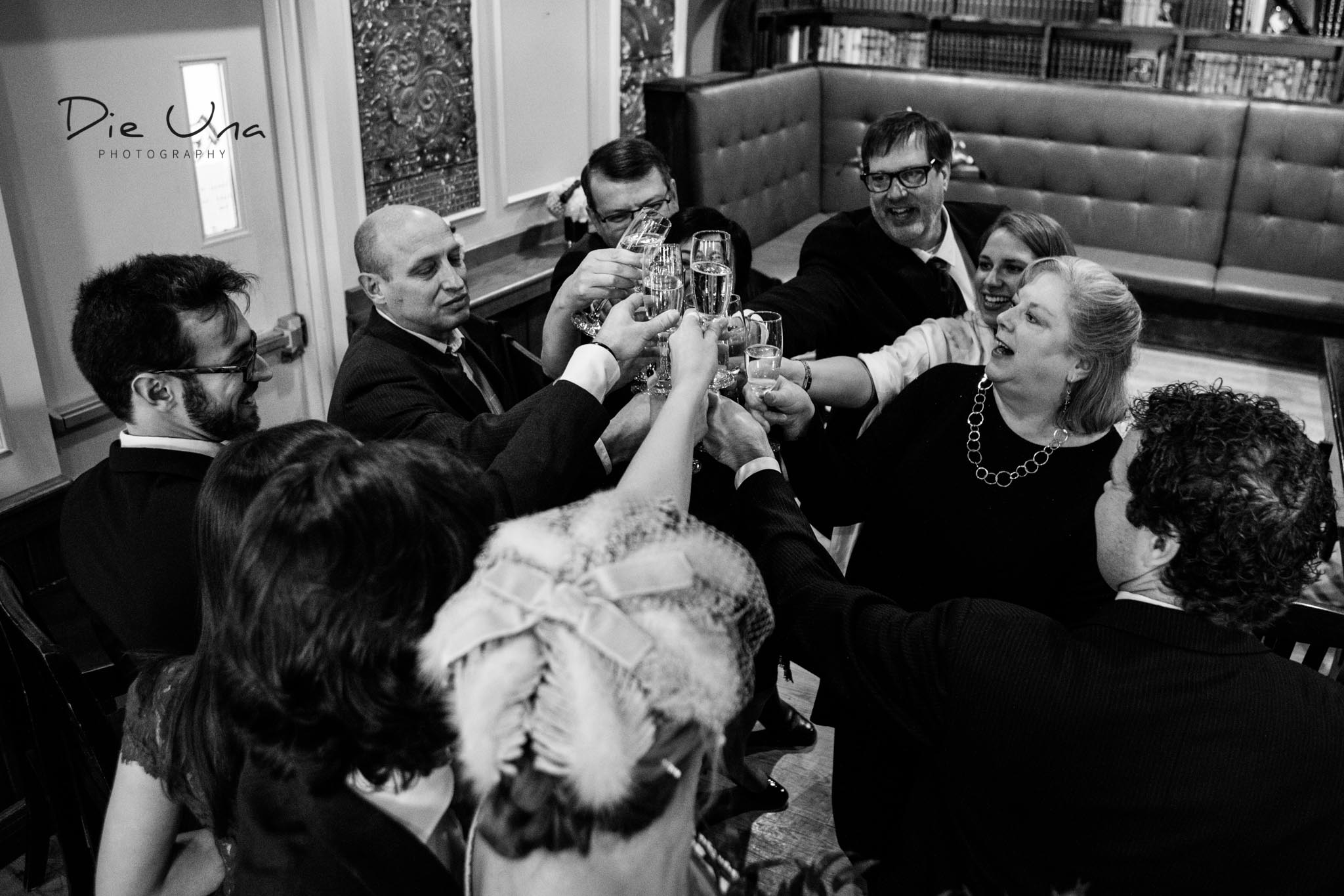  Wedding party clinking champagne in the Arlington Hotel in Paris, Ontario 