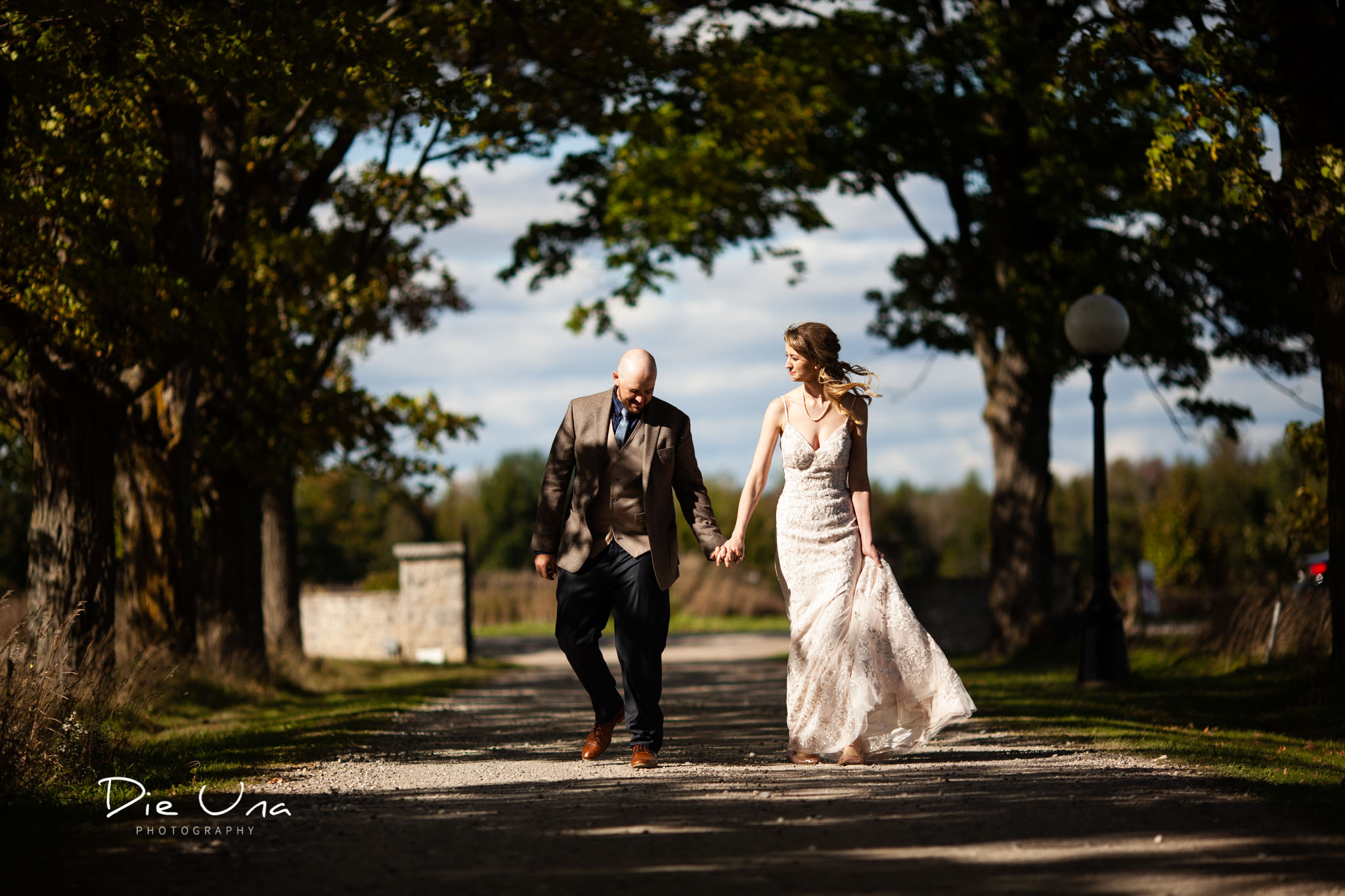 bride and groom hold hands and walk down tree lined driveway.jpg