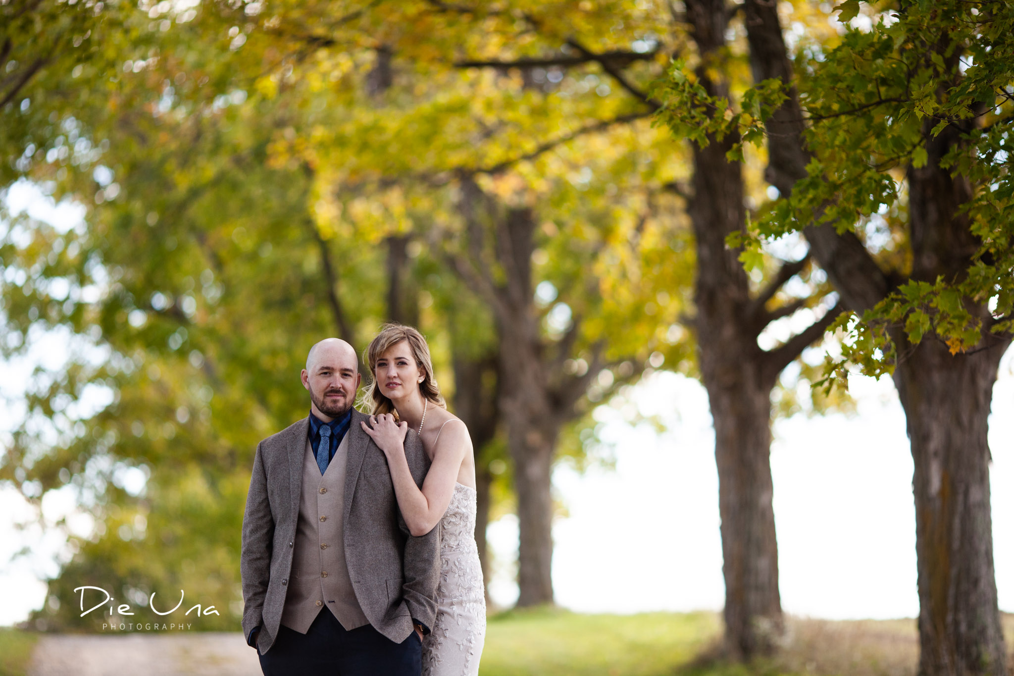 bride hugging groom from behind with yellow fall leaves in the background for wedding portrait.jpg