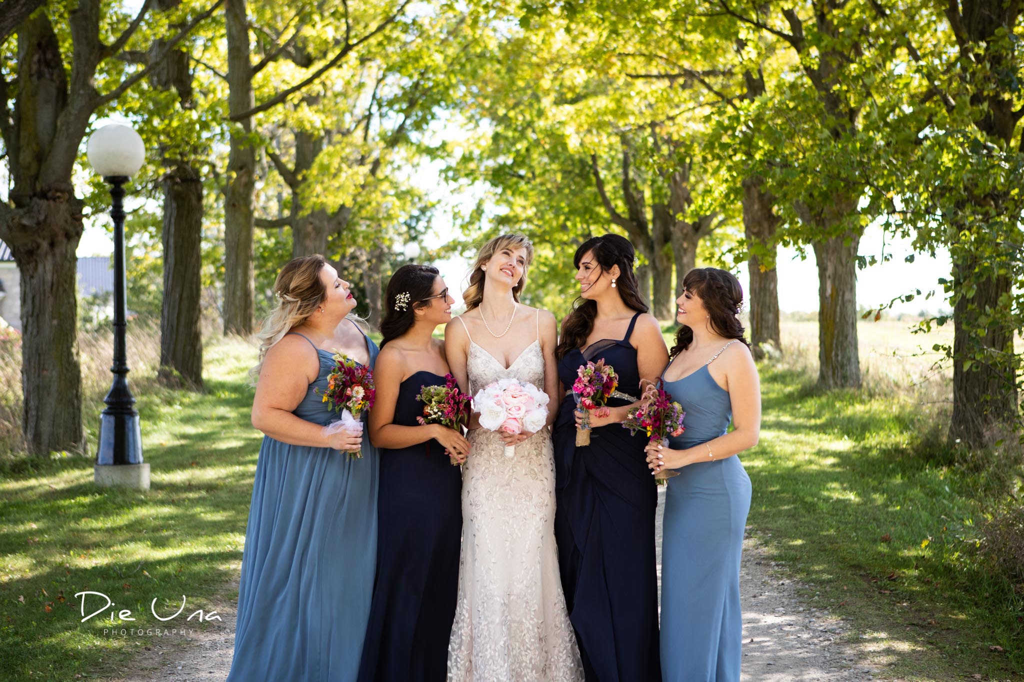 bride with bridesmaids wearing shades of blue dresses with lamp post in the background.jpg