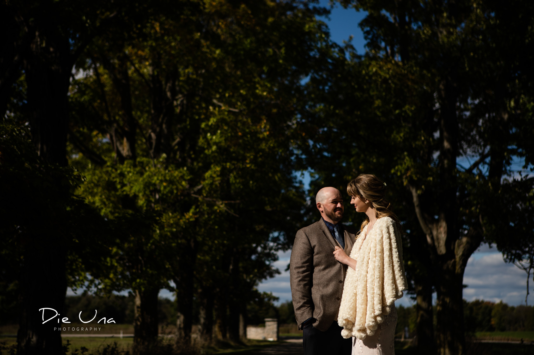 harsh light bride and groom wedding portraits with trees in the background.jpg