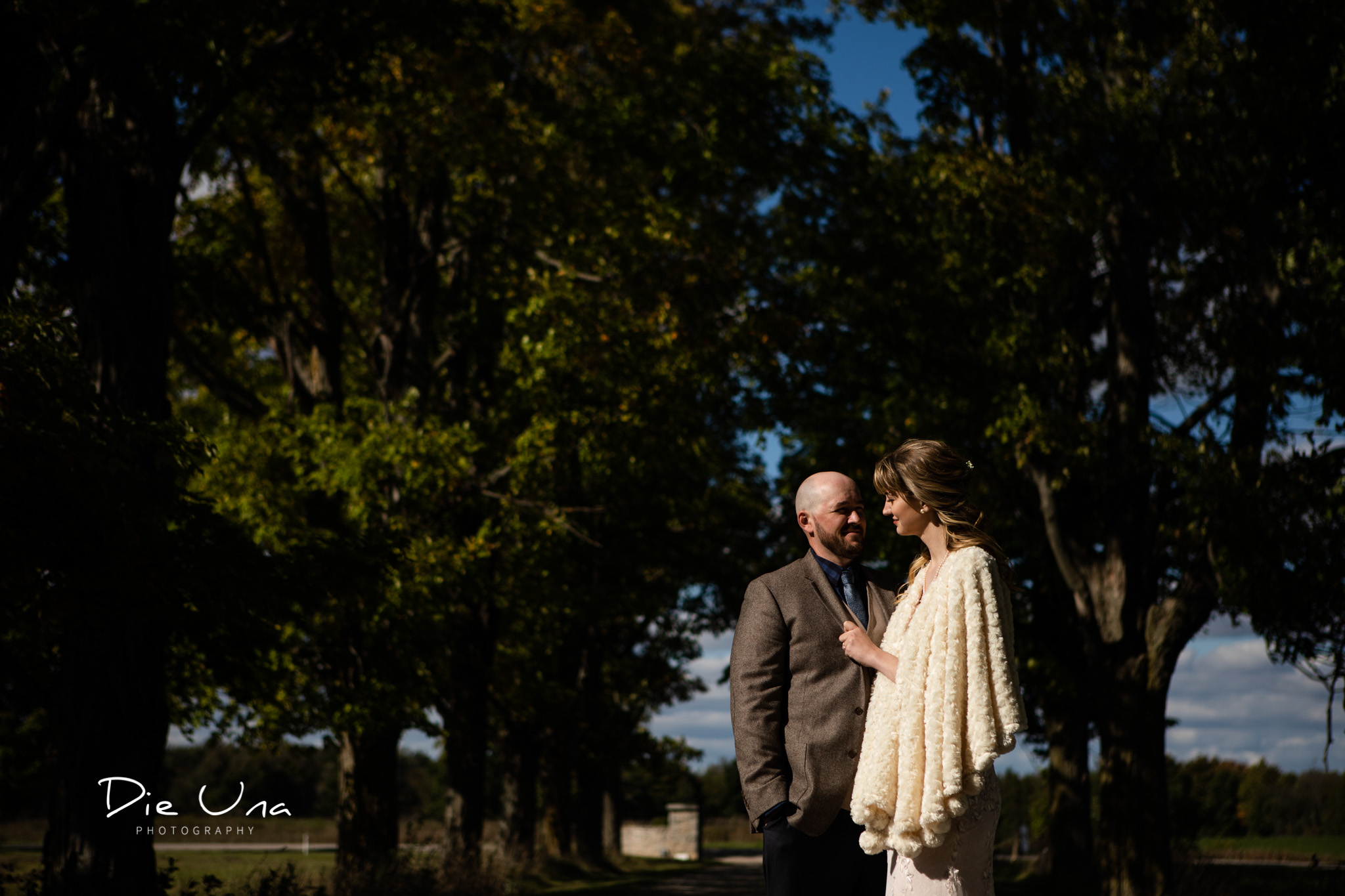 harsh light bride and groom wedding portraits with trees in the background.jpg