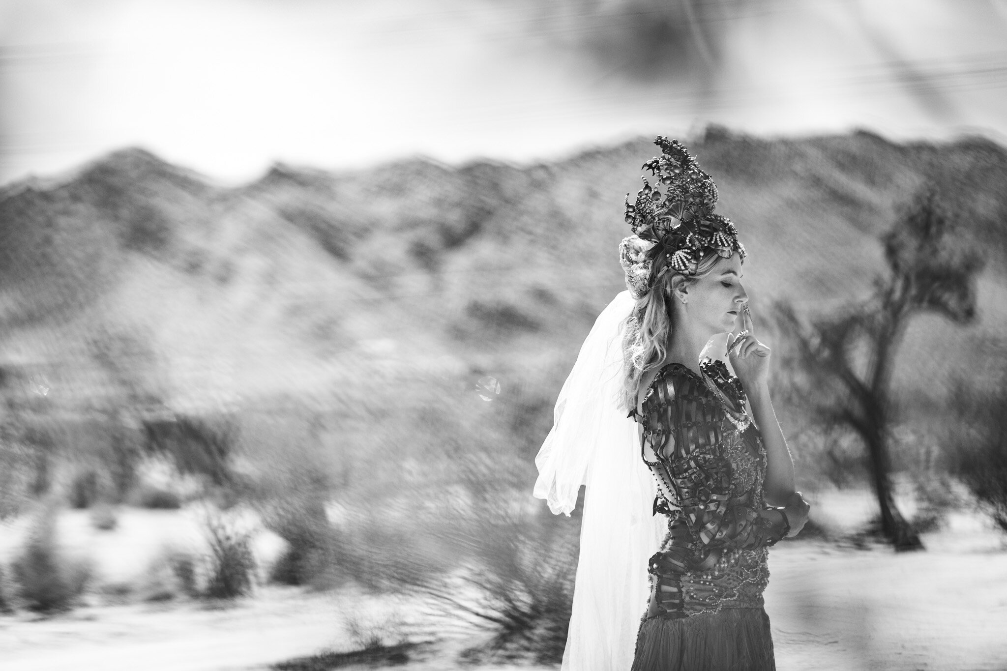 black and white image of Lieke Anna in Joshua Tree desert.jpg