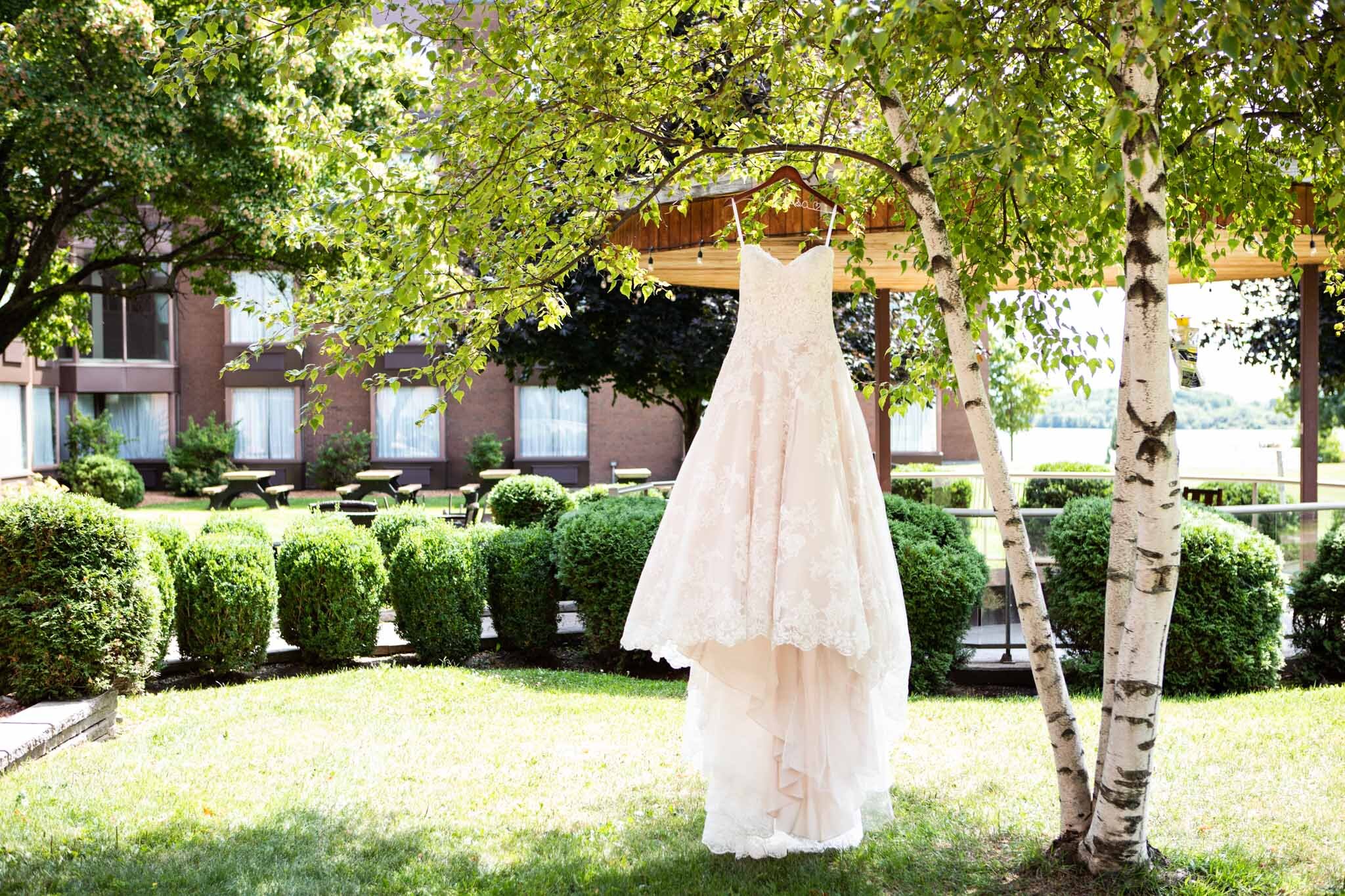 wedding dress hanging from birch tree in NAV Canada Centre courtyard.jpg