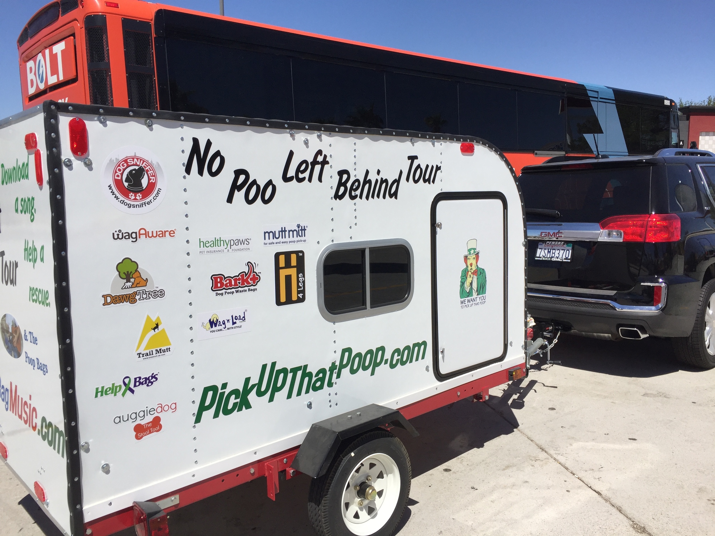 Chad Logan's No Poop Left Behind Tour Trailer which was purchased with help from sponsors such as Help Bags, Dawg Tree, Healthy Paws and more.