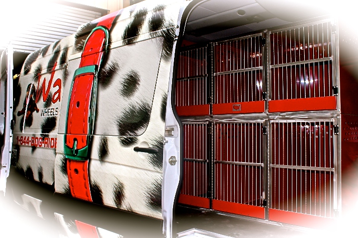 Here is the safe and comfortable interior of the Waggin' Wheels Express van.