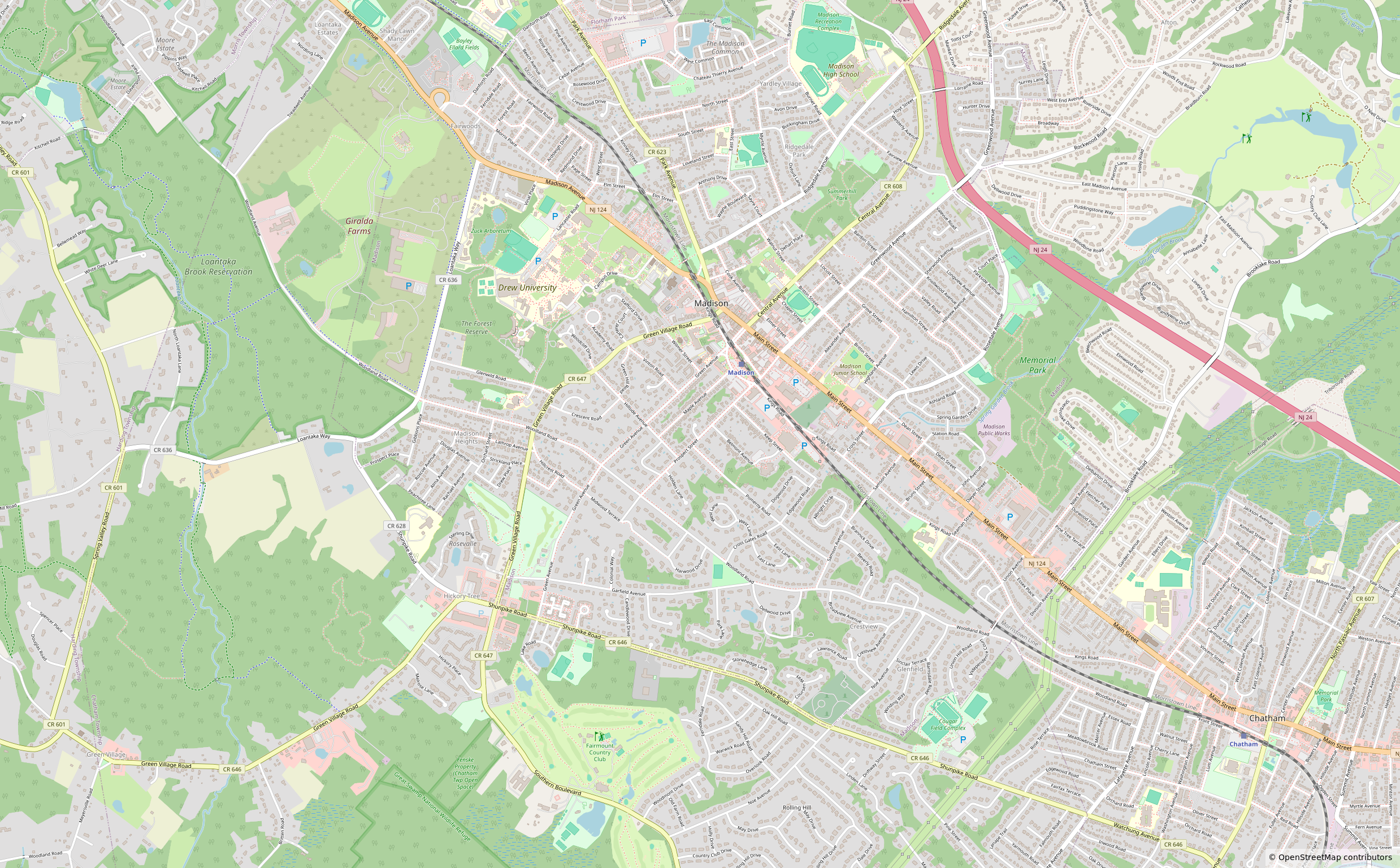 Map of Madison New Jersey and surrounding neighborhoods including Drew University and Chatham