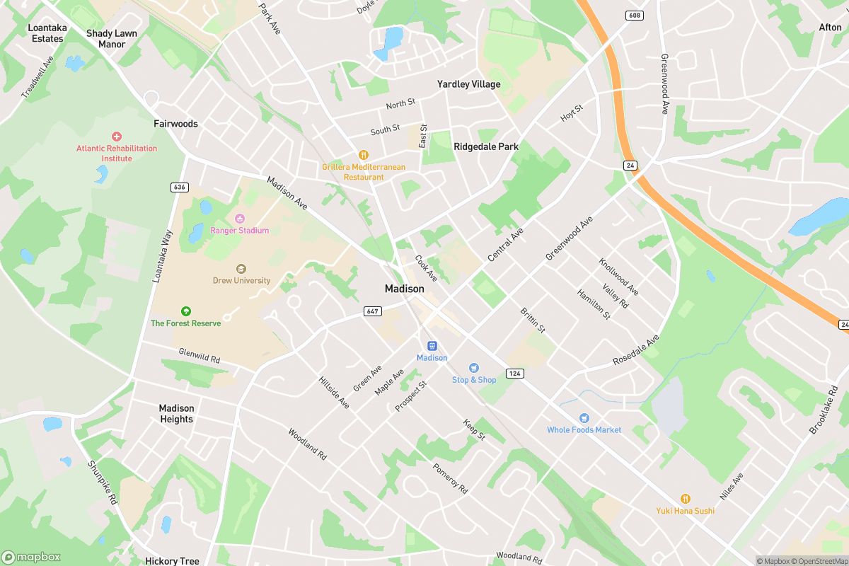 Map of Madison New Jersey and surrounding neighborhoods including Drew University and Chatham