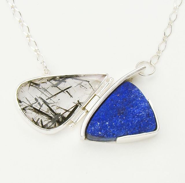 Deep blue lapis- I loved this stone even before I became a jeweler. Rutilated quartz and deep blue lapis are hinged together- Hinges like this are often used in my necklaces- the way it fits together reminds me of butterfly wings. This piece is sold 