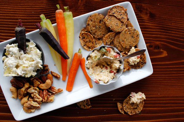 Pimento dip (on the right) and artichoke tarragon dip (on the left)