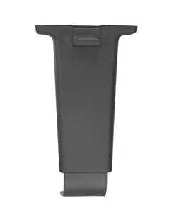 Close-up of a black plastic buckle or clip with a rectangular shape and a hook-like extension at the bottom.