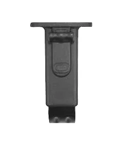 Close-up of a black metal or plastic device with a rectangular shape and a small button on top, likely a part of a mechanical or electronic component.
