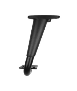 Black metal or plastic support bracket with a curved end and mounting holes