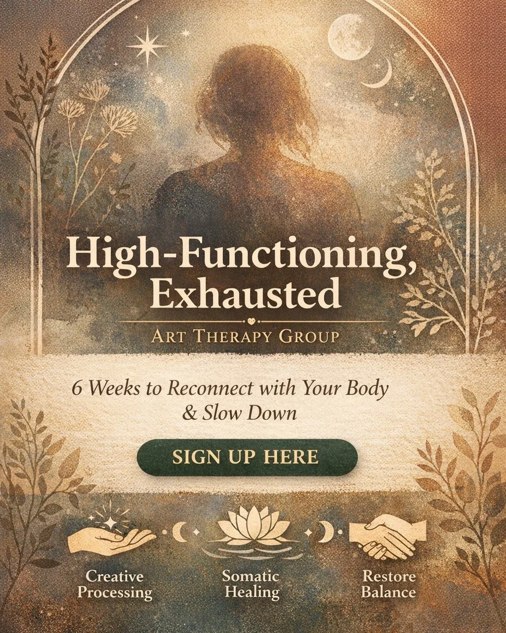 You can be functioning at a high level and still feel exhausted underneath it.

This group is for people who are thoughtful, capable, and carrying more than their body has had time to process.

We&rsquo;ll use art therapy and evidence based psychothe