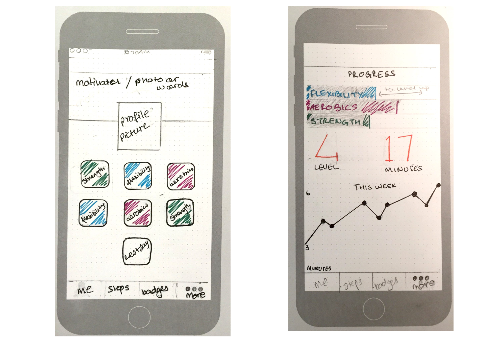 Early sketches were based on having the survivors exercise 6 days a week, spread out evenly across 3 exercises categories. As the name Bounce had not yet been decided upon, the theme was not integrated into the visual design at this stage.