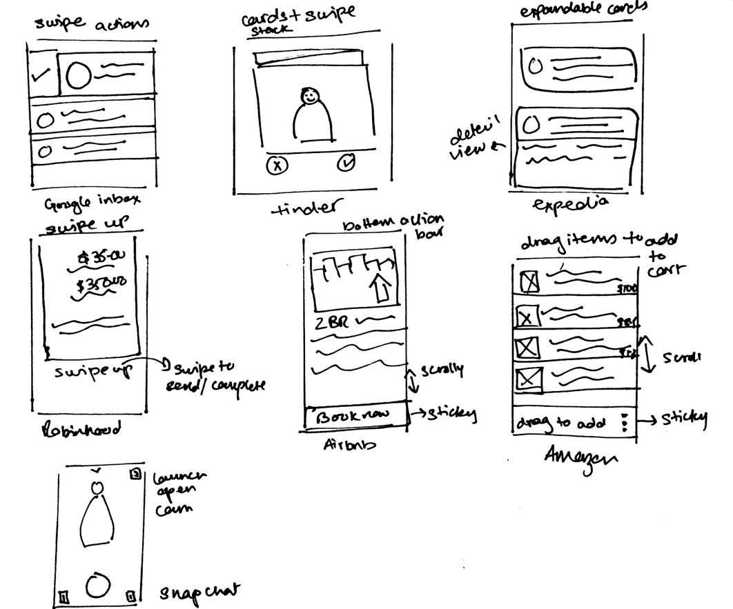 Design inspirations (aka lightening demos). (L-R) Row 1 - Google Inbox 's Swipe interaction, Tinder 's Swipe interaction and Card Stacks, Expedia 's Expandable Cards; Row 2 - Robinhood 's Swipe Up to Send interaction, Airbnb 's Static Bottom Bar/Call to Action, Amazon 's Static Bottom Bar and Drag to Add interaction; Row 3 - Snapchat 's Camera on Launch 