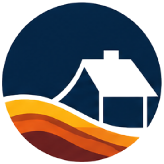 Icon of a house with a sloped roof and a flag on a pole, set against a background of stylized horizontal waves in shades of brown, orange, and yellow.