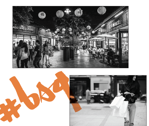 Brunswig Square logo and nighttime shoppers in Japanese Plaza