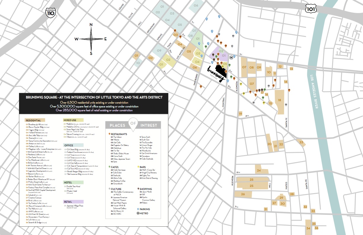 Map of Little Tokyo/Arts District featuring list of residences and businesses