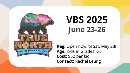 VBS IS BACK!

Registration is now OPEN &amp; the forms to sign up are available on our website (link in bio).

This year, VBS will be broken up into 2 sections:
- Monday through Thursday will be typical VBS activities, stories, and crafting (first sl