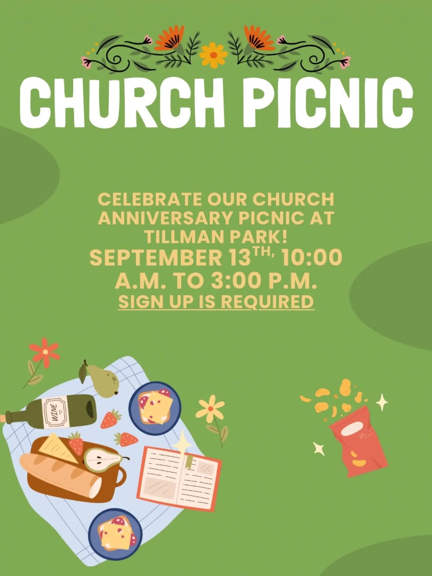 😎 Come and celebrate our church anniversary with us! 🧺

📍Tillman Park, Alameda CA
🗓️ Saturday, September 13
⏰ 10am - 3pm

✍️ Sign up is required for an accurate food count!