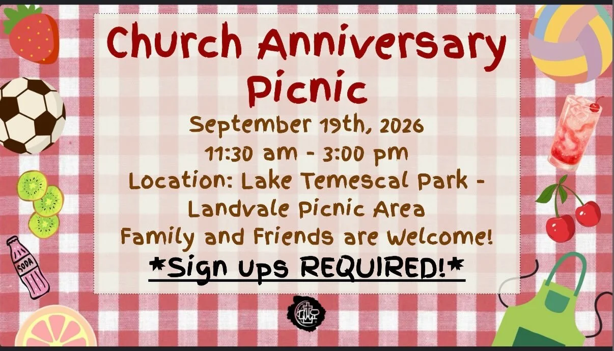Join us for our annual church anniversary picnic at Lake Temescal next month! Let us know if you plan on coming so we can include you in the food headcount! 😋🧺