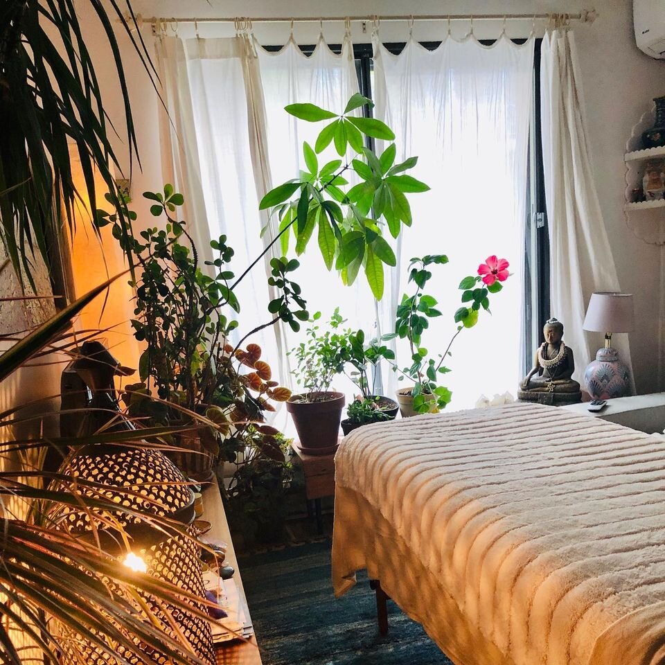 Sunlit bedroom with a bed covered in a beige blanket, surrounded by potted houseplants near large window with white curtains, and decorative items including a Buddha statue, lamp, and plates on shelves.