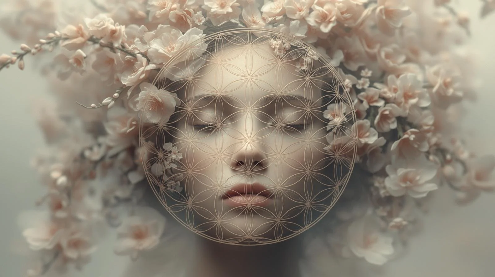 A woman's face is partially obscured by a circle with a geometric pattern overlay, surrounded by pink cherry blossom flowers.