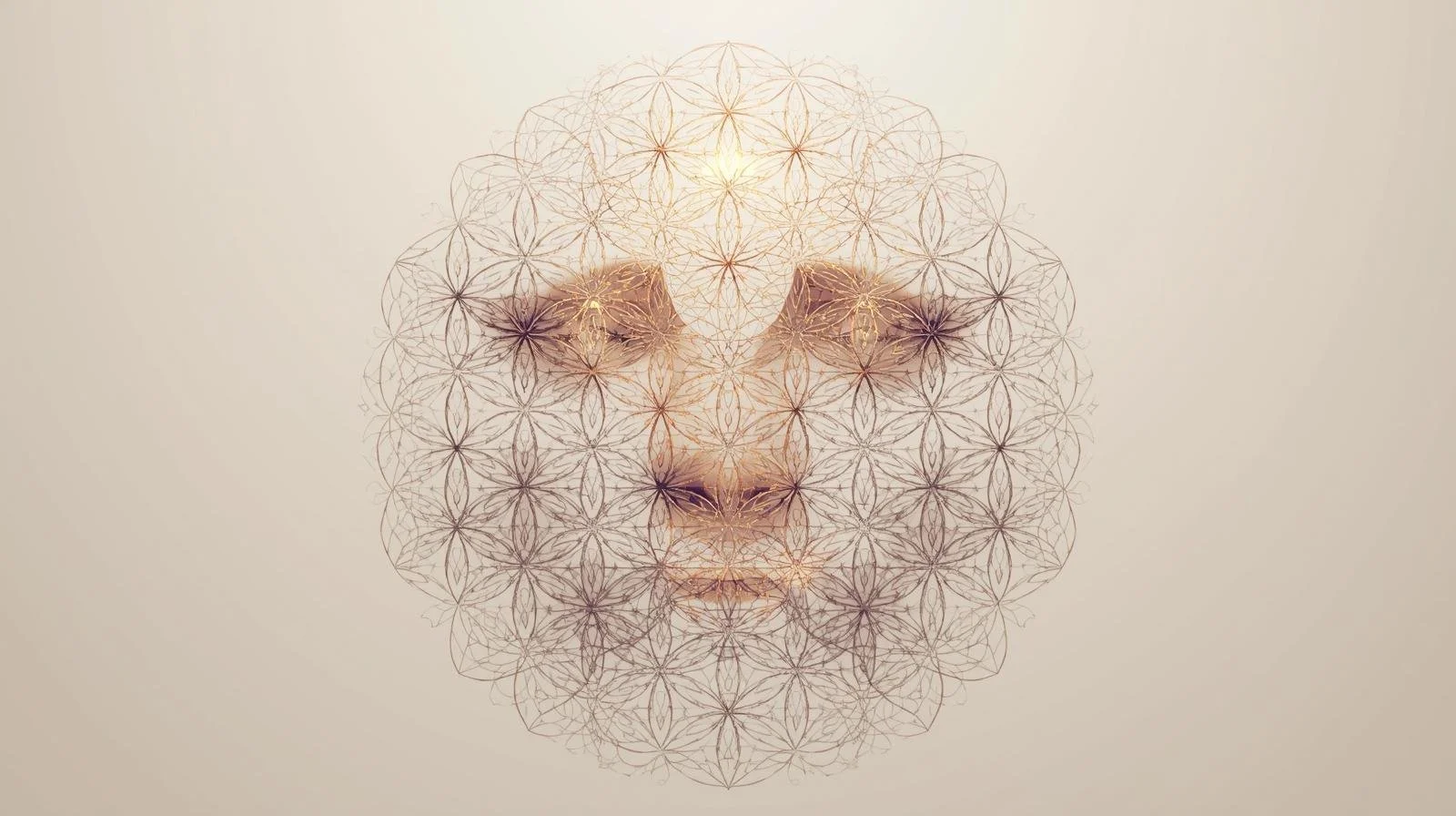 Artistic depiction of a human face made with an intricate geometric pattern resembling the Flower of Life, with glowing highlights on the forehead and cheeks.