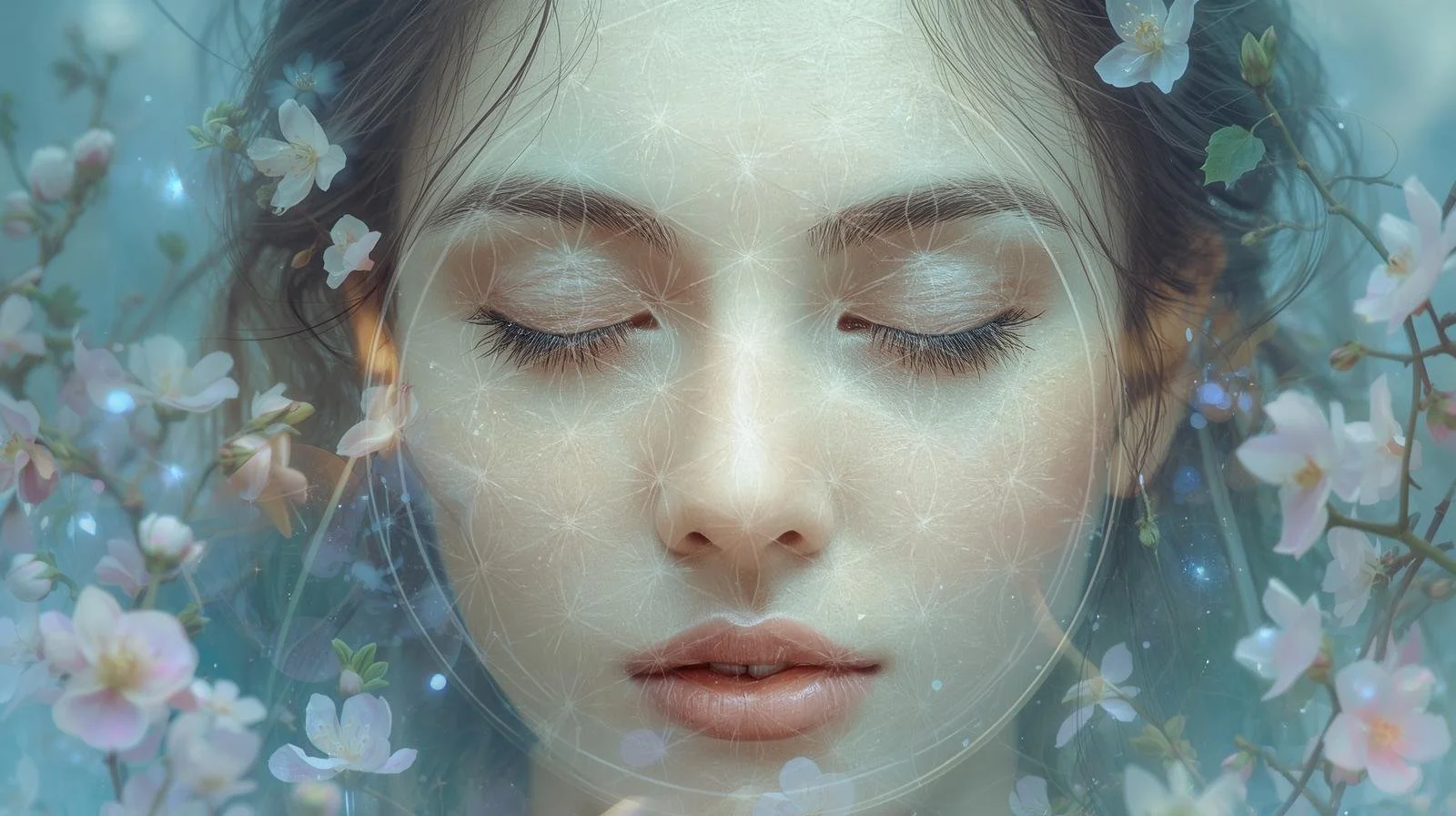 A close-up of a woman with closed eyes, surrounded by light pink and white flowers, with digital, glowing, geometric patterns overlaying her face, suggesting a blend of nature and technology.