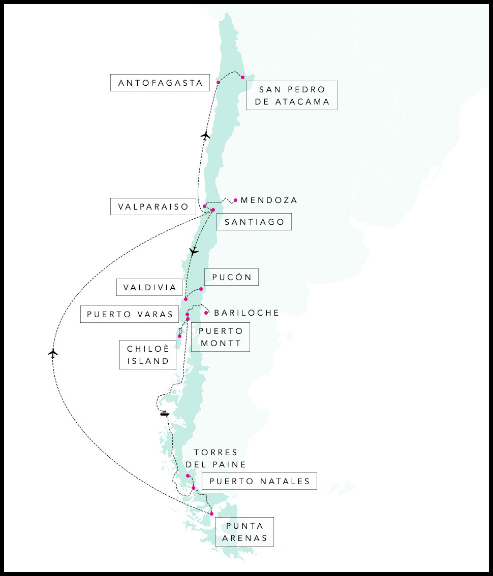 Alex &amp; Madie’s travel route in Chile.